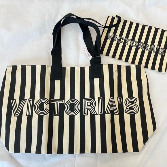 Victoria's Secret Pink Tote Weekender Bag Black Off White Vertical Stripe Canvas - Picture 2 of 5